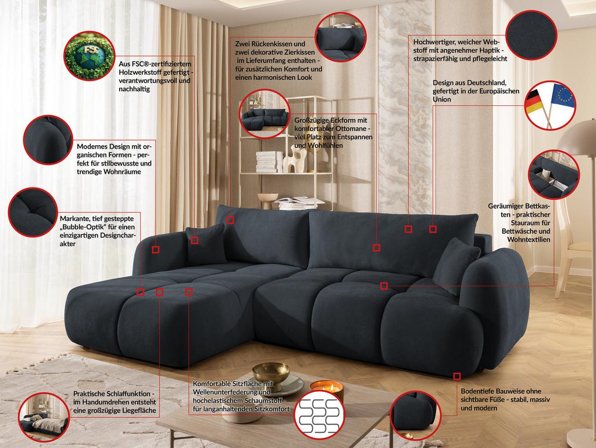 ECKSOFA Loretto aus natürlichem Schwarz Webstoff mit Schlaffunktion, Bettkasten und tiefen Steppungen in Bubble-Optik - Schwarz, Holz/Kunststoff (180/275cm) - S-Style