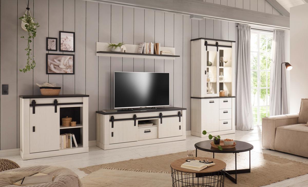 KOMMODE weiß Pinie, anthrazit, Landhaus, Schiebetürenkommode 93 x 91 cm - Anthrazit/Weiß, Holzwerkstoff/Metall (93/91/38cm) - Furn.Design