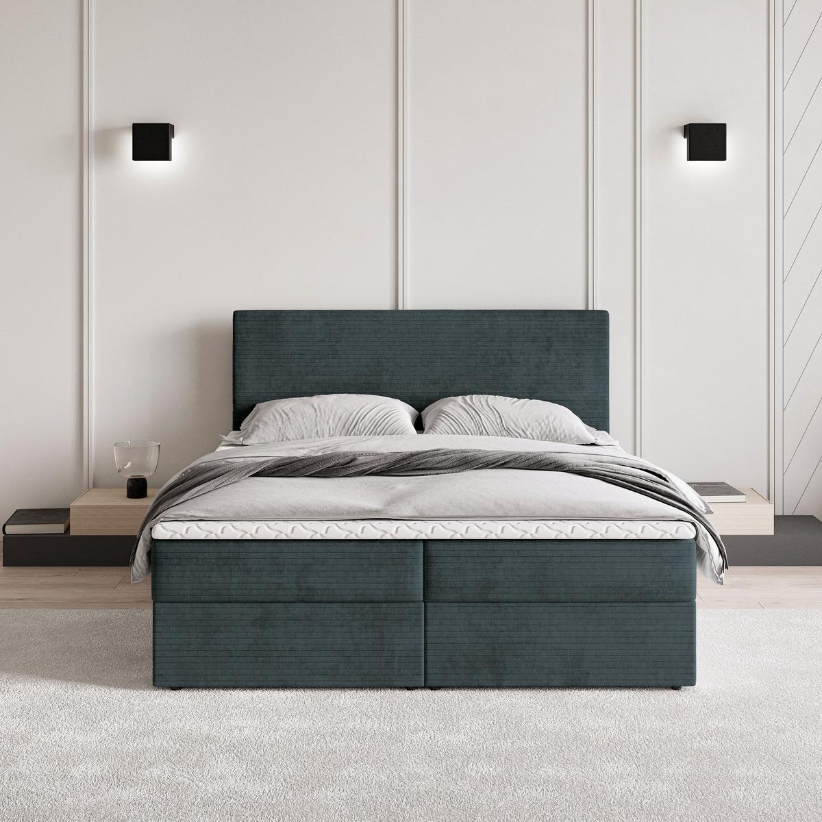 BOXBETT NIRA 160x200 cm mit Matratze und Topper - Blau - Blau, Holz (160/200cm) - MASSENO