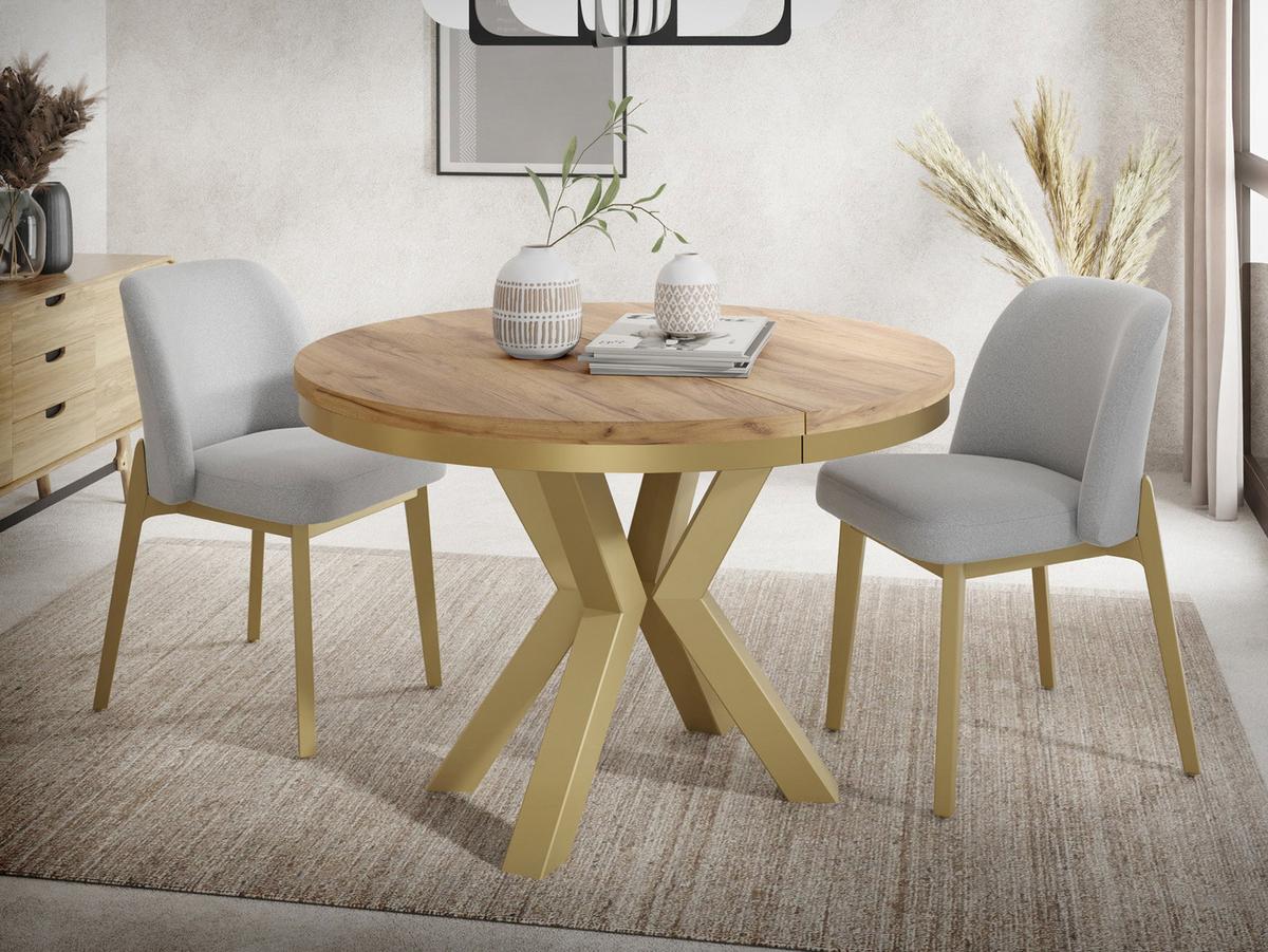 ESSTISCH Clara Gold runder ausziehbarer, Craft Eiche 120-200/120/76 cm - Eiche Wotan/Goldfarben, Holzwerkstoff/Metall (120/196/76cm) - WFL GROUP