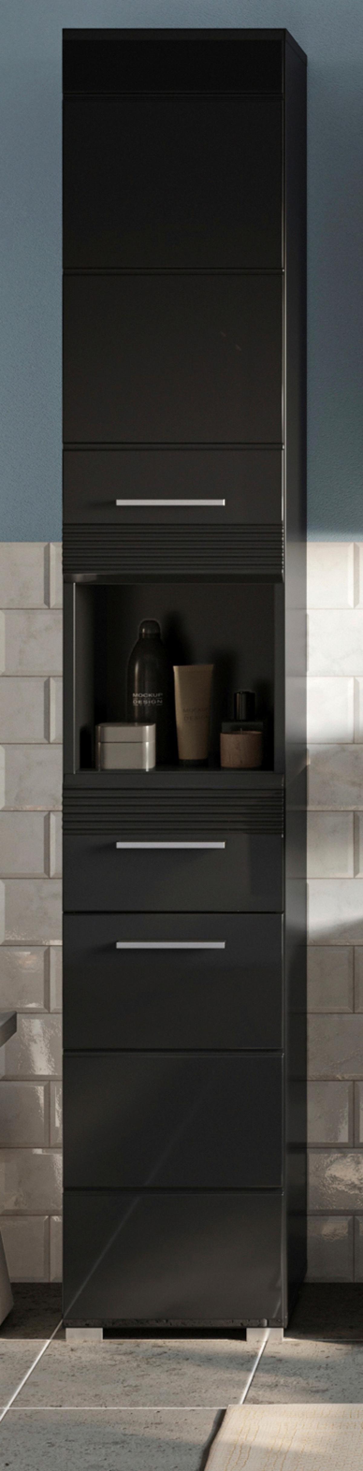 HOCHSCHRANK in schwarz Hochglanz, Badschrank 182 cm - Schwarz Hochglanz/Silberfarben, Holzwerkstoff/Kunststoff (30/182/31cm) - Inn.Furn
