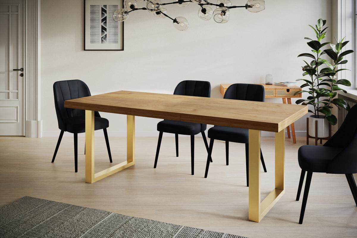 INDUSTRIELLER Esszimmertisch LOFT-U, ausziehbarer Tisch, Größe: 180-280X90X77 cm, Wohnzimmertisch Farbe: CRAFT, mit Metallbeinen in Farbe Gold - Goldfarben/Braun, Holzwerkstoff (180/90/77cm) - Alpi-Möbel