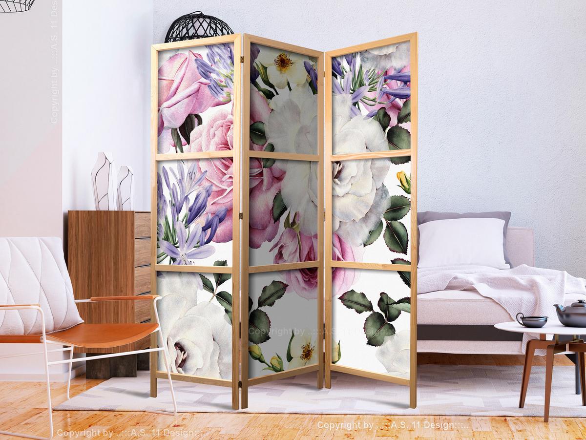 PARAVENT Japanischer 3-tlg 135x172 cm Aquarell Blumen - Multicolor, Holz/Textil (135/172/3cm) - Muralo
