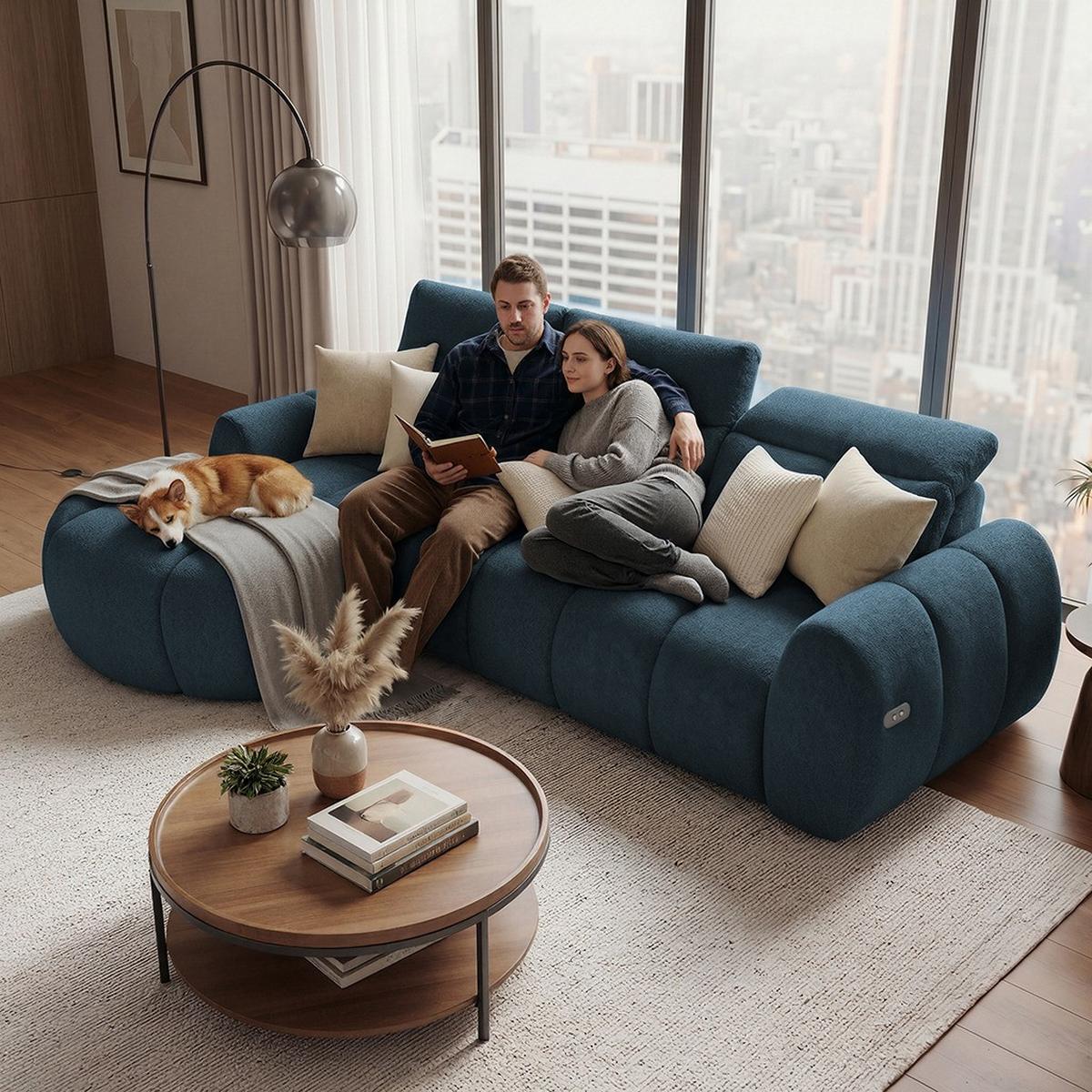 ECKSOFA Sorel Mini mit Automatisch verstellbarer Sitztiefe und Kopfstützen, links, Blau - Blau, Textil (190/275cm) - Beautysofa