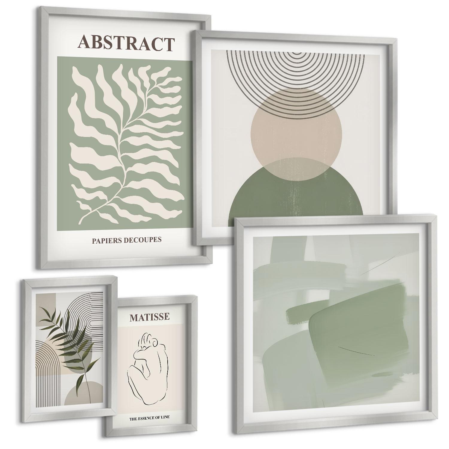 BILDER SET 5er Set - 50x50 cm & 20x30 cm & 40x60 cm Silberner Rahmen - Botanische Boho-Abstraktionen - Silberfarben, Kunststoff (40/60cm) - TULUP