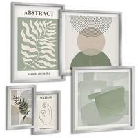 BILDER SET 5er Set - 50x50 cm & 20x30 cm & 40x60 cm Silberner Rahmen - Botanische Boho-Abstraktionen - Silberfarben, Kunststoff (40/60cm) - TULUP