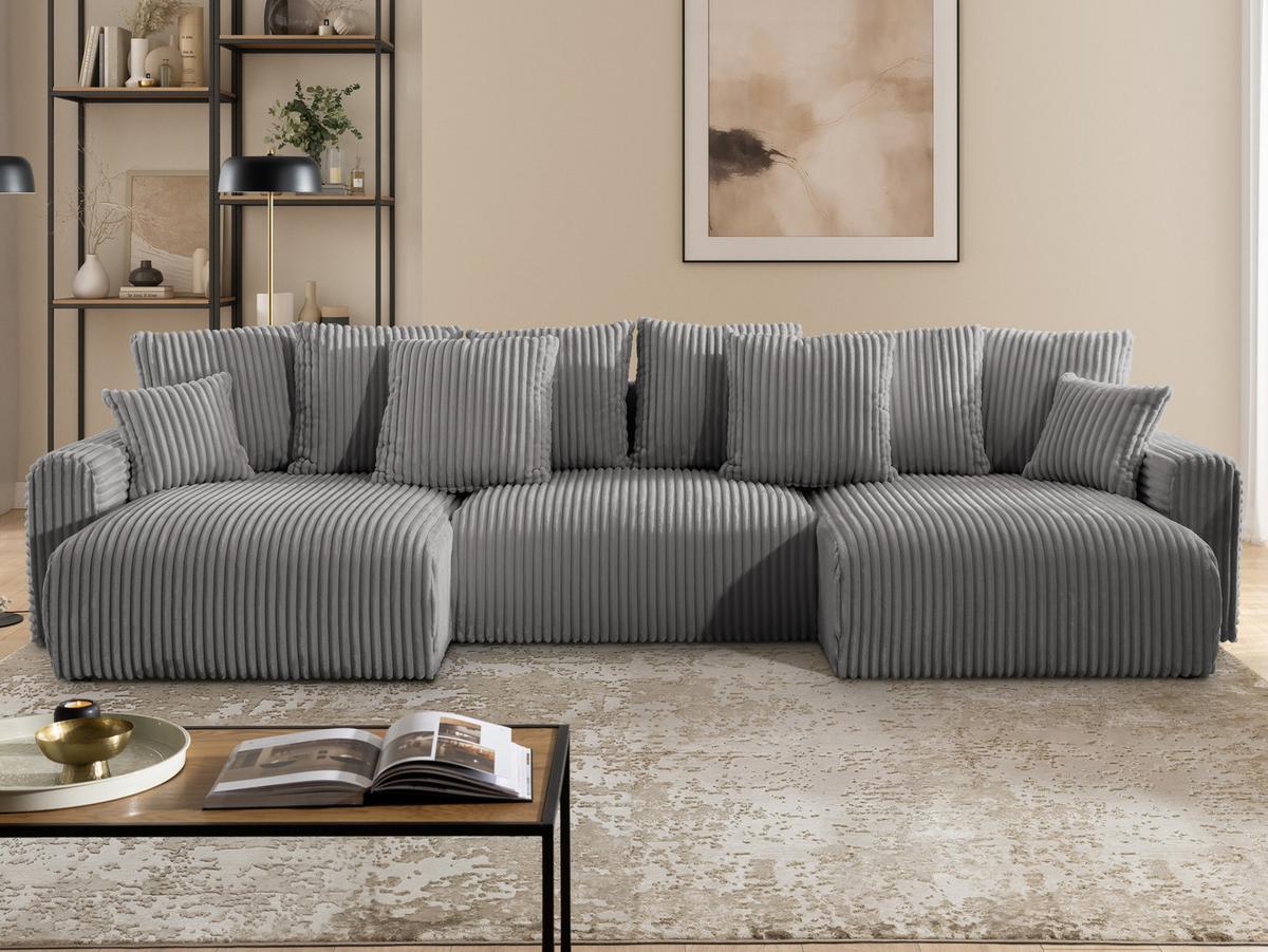 WOHNLANDSCHAFT Calma mit Schlaffunktion und Bettkasten im Bumpy-Design aus weichem Grau Plüschcord - Beige/Schwarz, Holz/Textil (336/88/140cm) - S-Style