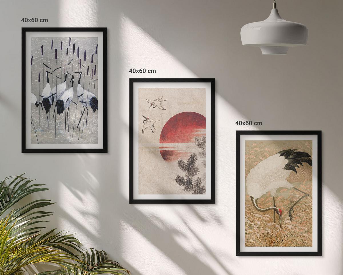 BILDER SET 3er Set - 40x60 cm Schwarzer Rahmen - Japanische Kraniche Landschaft - Schwarz, Kunststoff (40/60cm) - TULUP