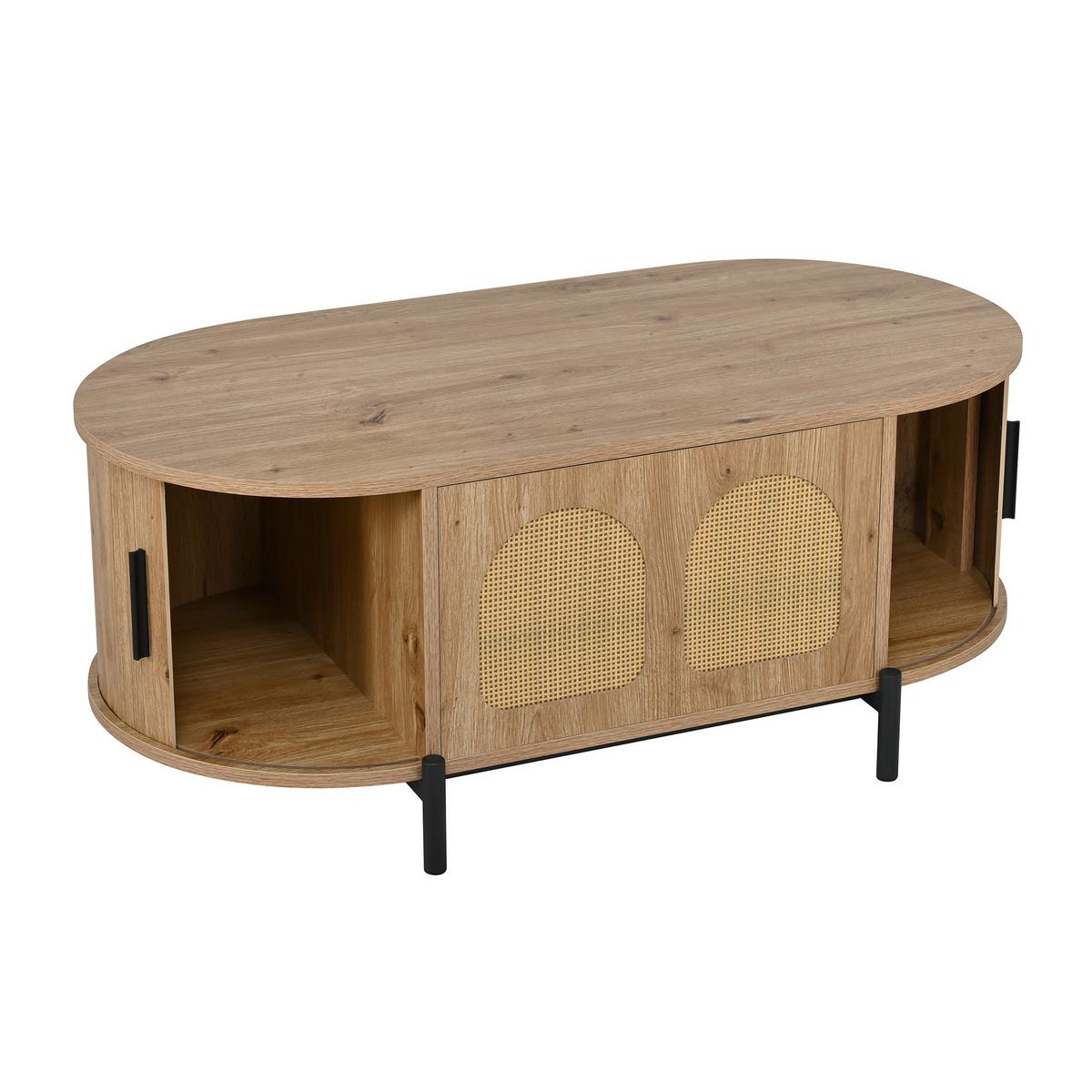 COUCHTISCH in holzoptik mit rattan, ovale form und schiebetüren - Naturfarben, Holzwerkstoff (50/100/40cm) - Urban Meuble