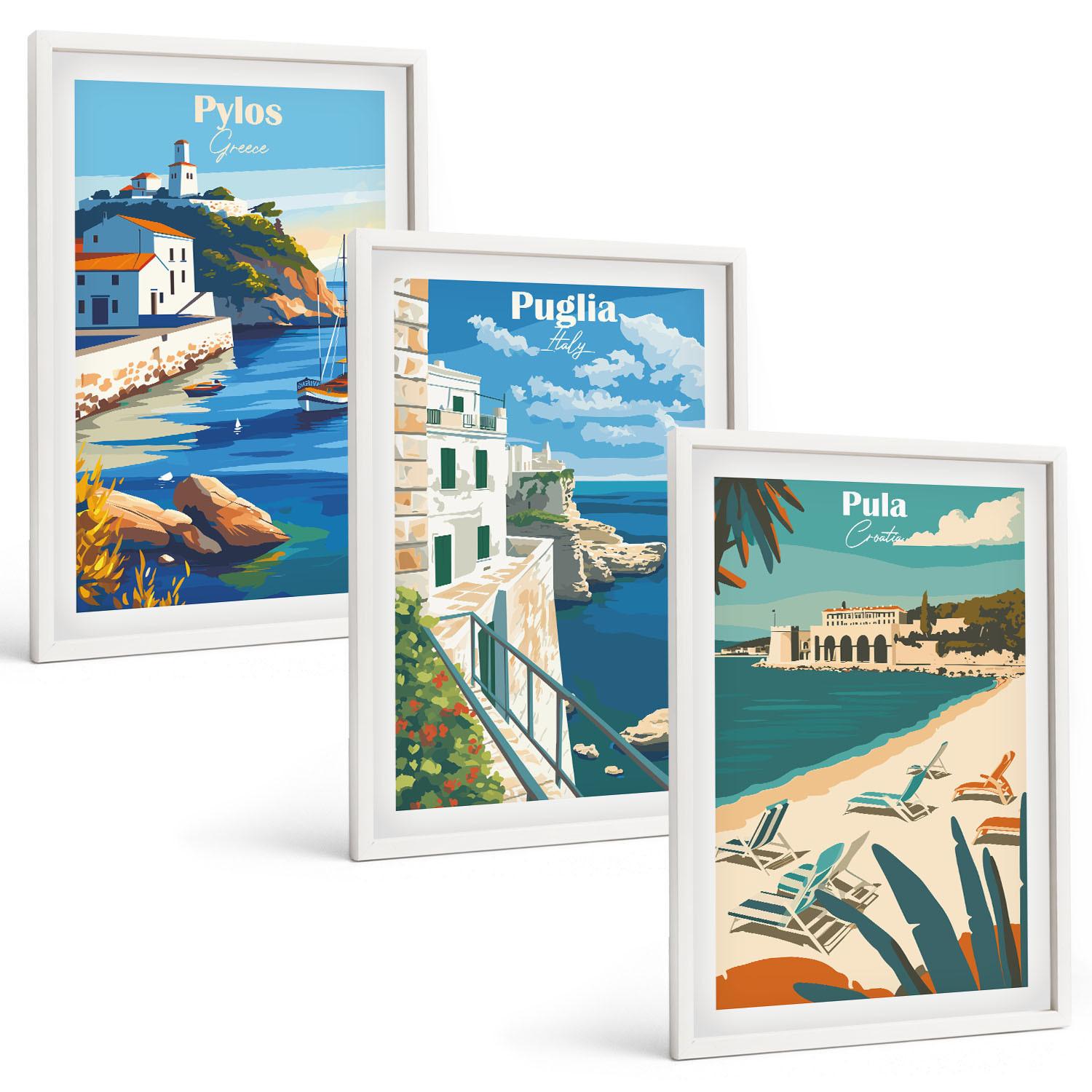 BILDER SET 3er Set - 40x60 cm Weißer Rahmen - Küstenlandschaften des Tourismus - Weiß, Kunststoff (40/60cm) - TULUP