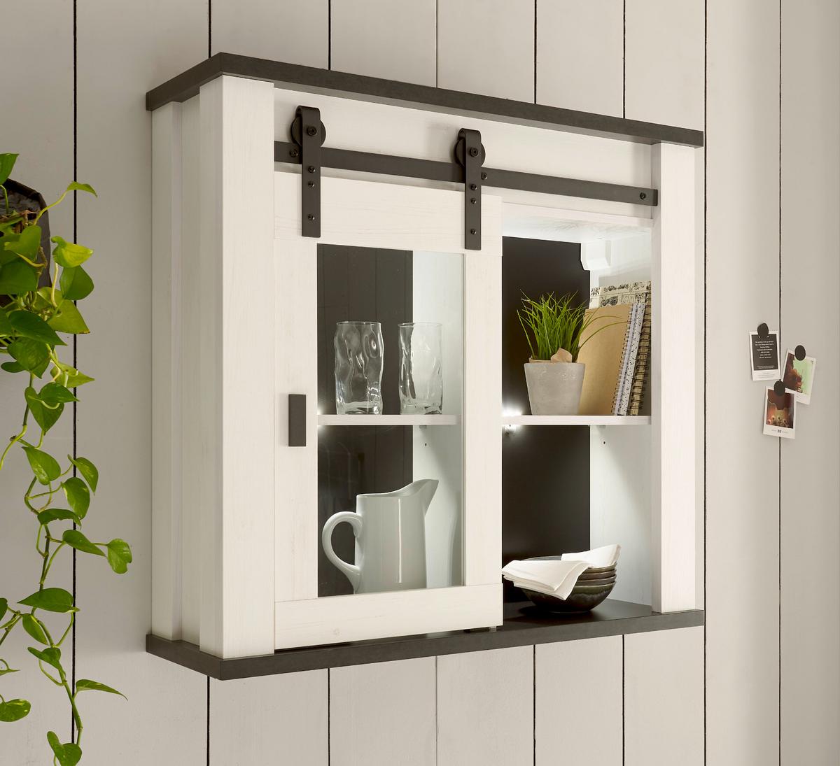 KÜCHE-HÄNGESCHRANK weiß Pinie, anthrazit Landhaus, Küchenschrank hängend mit Schiebetür - Anthrazit/Schwarz, Glas/Holzwerkstoff (93/90/31cm) - Furn.Design
