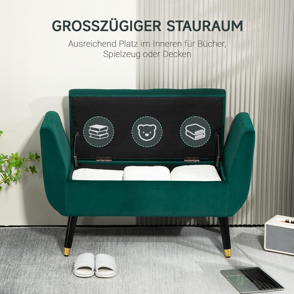 LUXUS Sitzbank Polsterbank mit Stauraum Armlehnen Polyester Holz Grün - Grün, Kunststoff (42/65/107cm) - HOMCOM