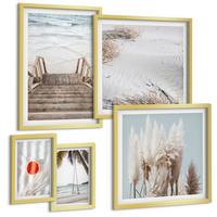 BILDER SET 5er Set - 50x50 cm & 20x30 cm & 40x60 cm Goldrahmen - Strandatmosphäre dank hölzerner Treppen. - Goldfarben, Kunststoff (40/60cm) - TULUP