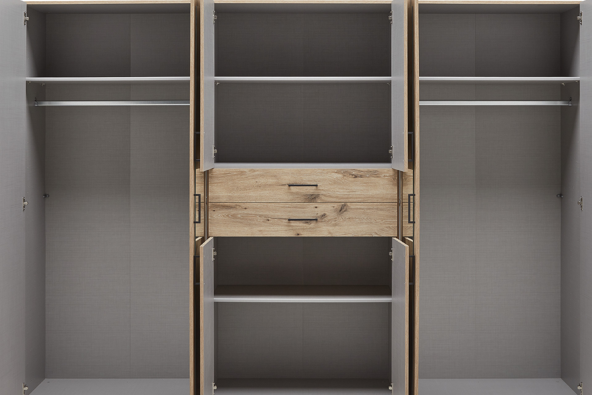 Drehtürenschrank Eichefarben 8 Drehtüren 4 verstellbare Einlegeböden 2 Schubladen 2 Kleiderstangen 2 Spiegel