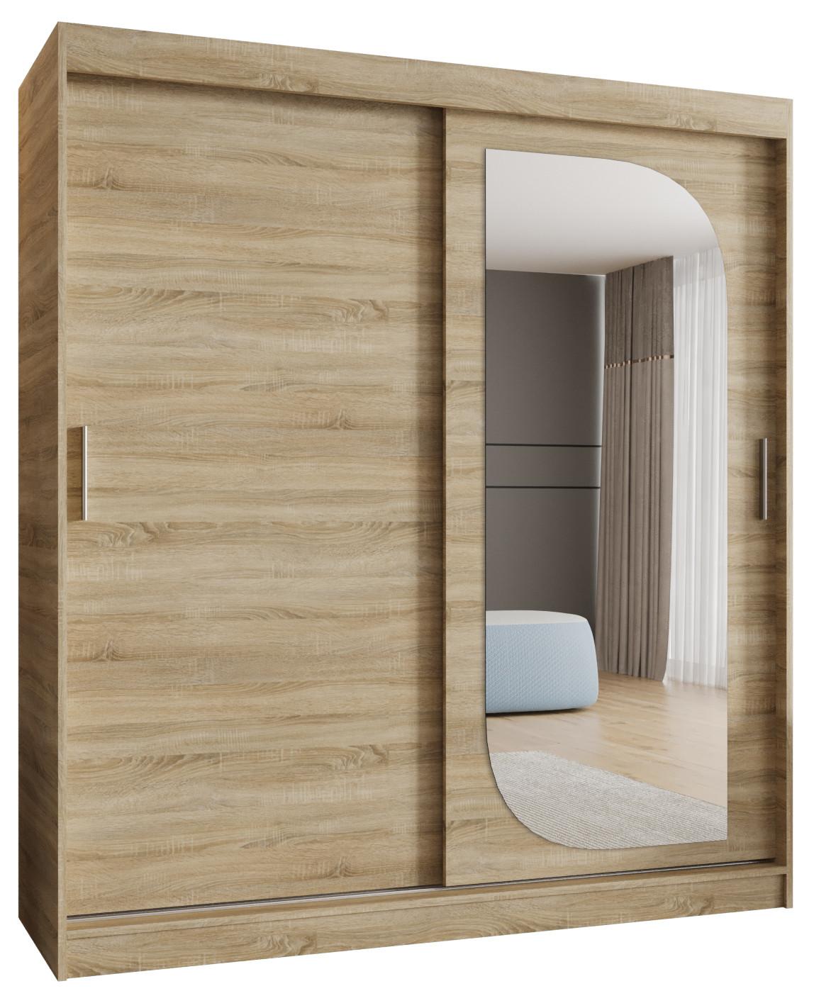 SCHIEBETÜRENSCHRANK mit Spiegel LUCY 200/180/62 2-türig - Silberfarben/Sonoma Eiche, Holz (180/200/62cm) - MÖBEL KRYSPOL