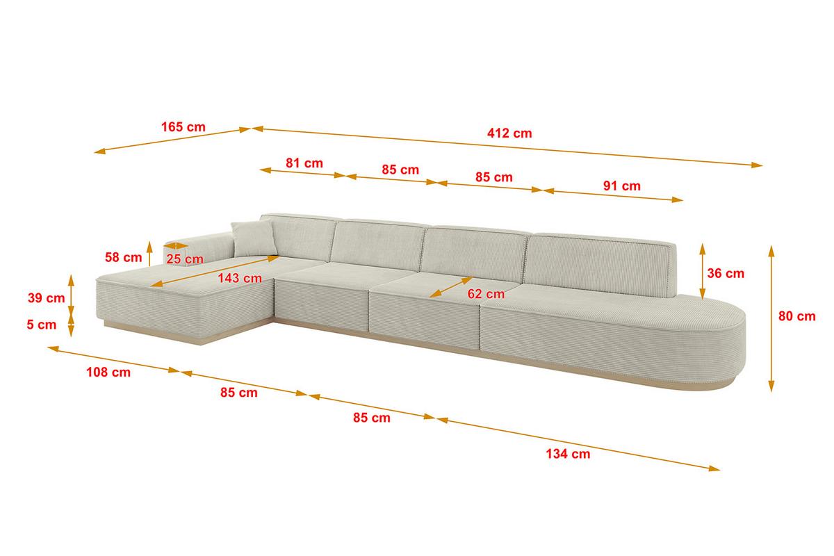ECKSOFA Ottomane Links IREA-L3 - 412x165x80 cm Creme - Ecru/Creme, Holzwerkstoff/Textil (412/165cm) - ALTDECOR