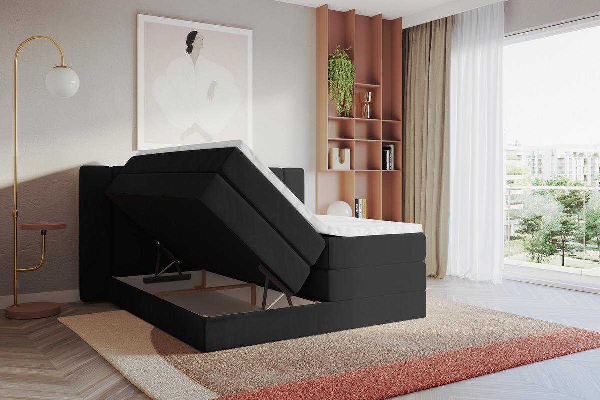 BOXSPRINGBETT mit Matratze H3/H4 - EVON KING - 180x200 cm Schwarz - Schwarz, Holzwerkstoff (180/200cm) - ALTDECOR