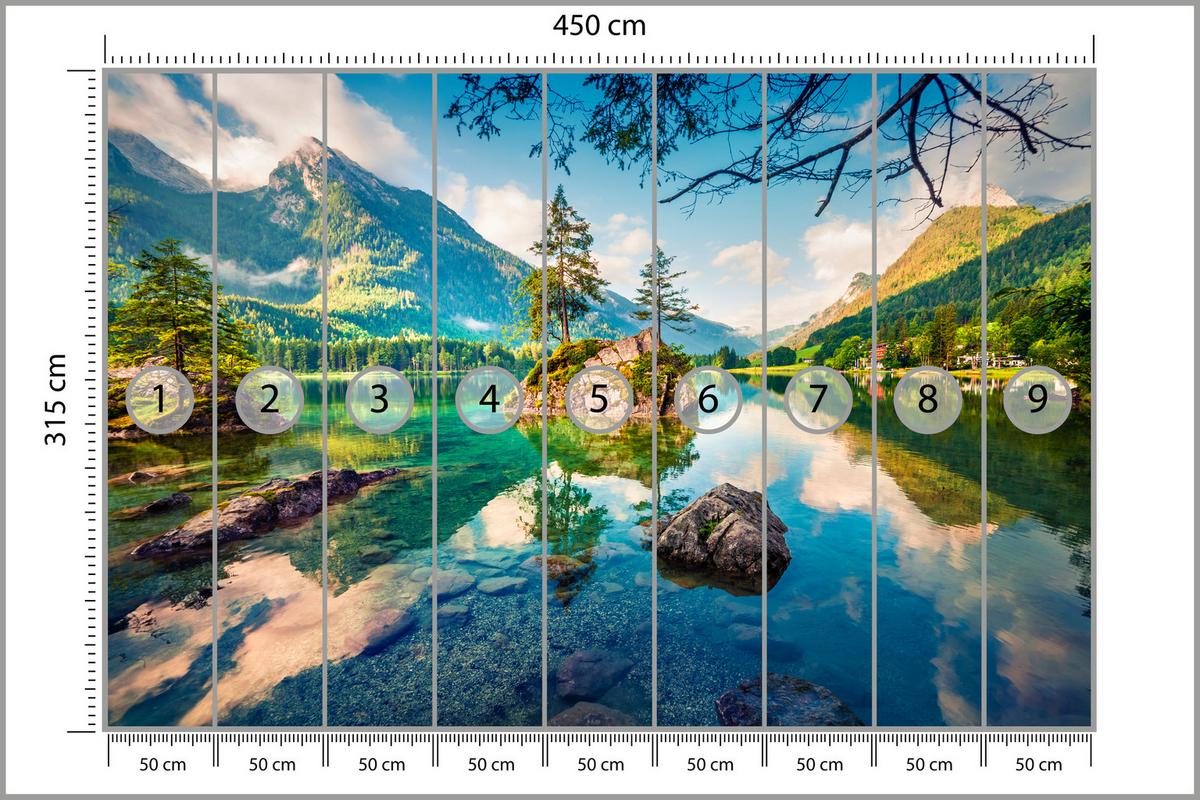 FOTOTAPETE für Schlafzimmer Bergsee Nadelbäume Felsen Natur Landschaft 450x315 - Türkis/Beige, Papier (450/315cm) - Muralo