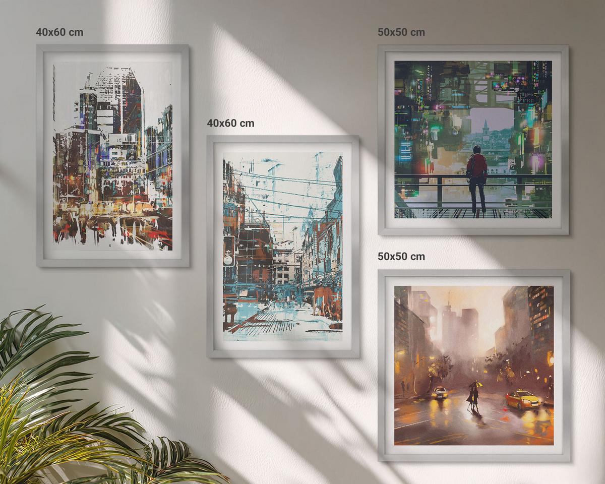 BILDER SET 4er Set - 50x50 cm & 40x60 cm Silberner Rahmen - Moderne, farbenfrohe Städte mit Charakteren - Silberfarben, Kunststoff (50/50cm) - TULUP