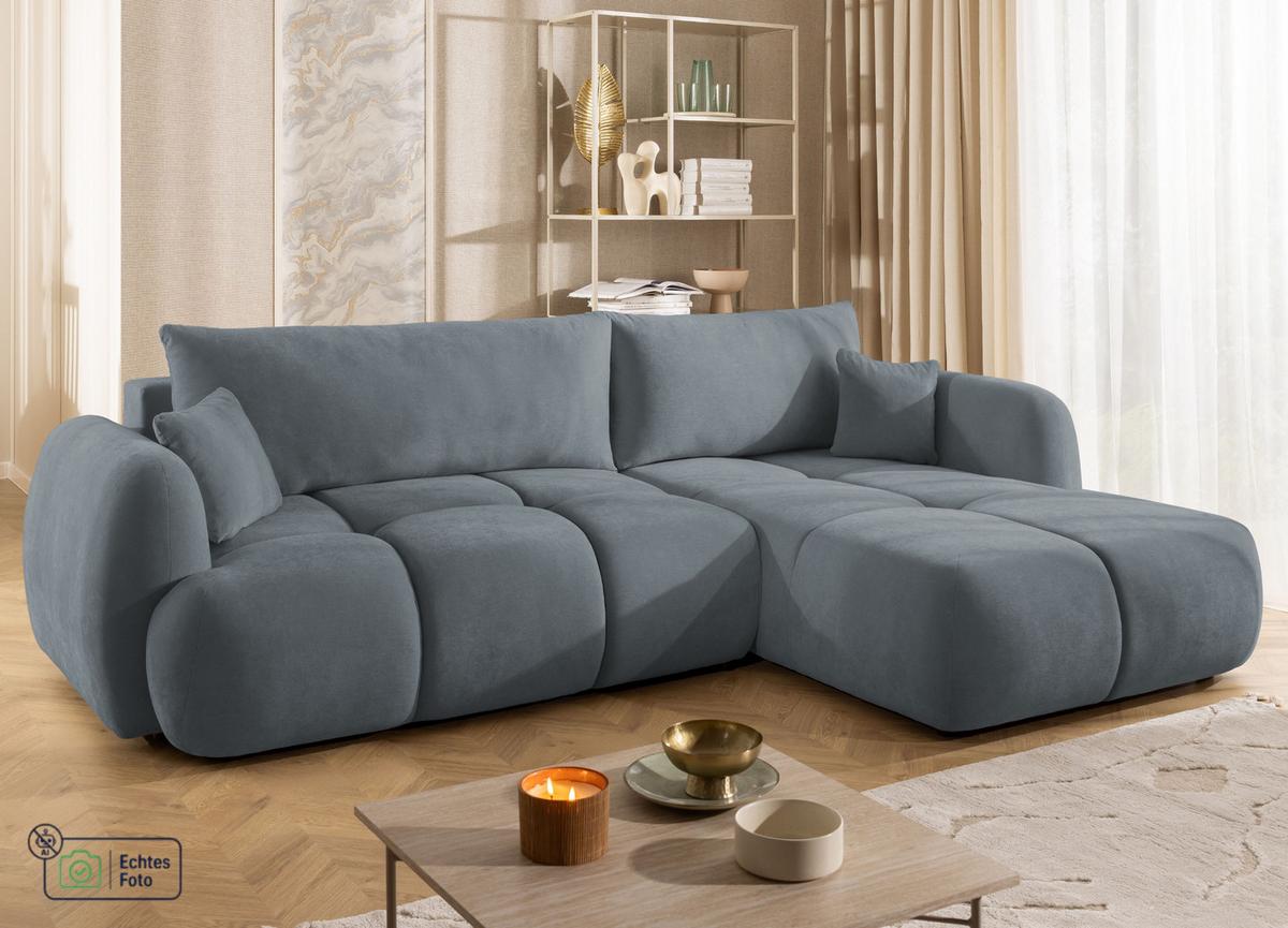 ECKSOFA Loretto aus natürlichem Dunkelgrau Webstoff mit Schlaffunktion, Bettkasten und tiefen Steppungen in Bubble-Optik - Dunkelgrau/Schwarz, Holz/Kunststoff (275/180cm) - S-Style