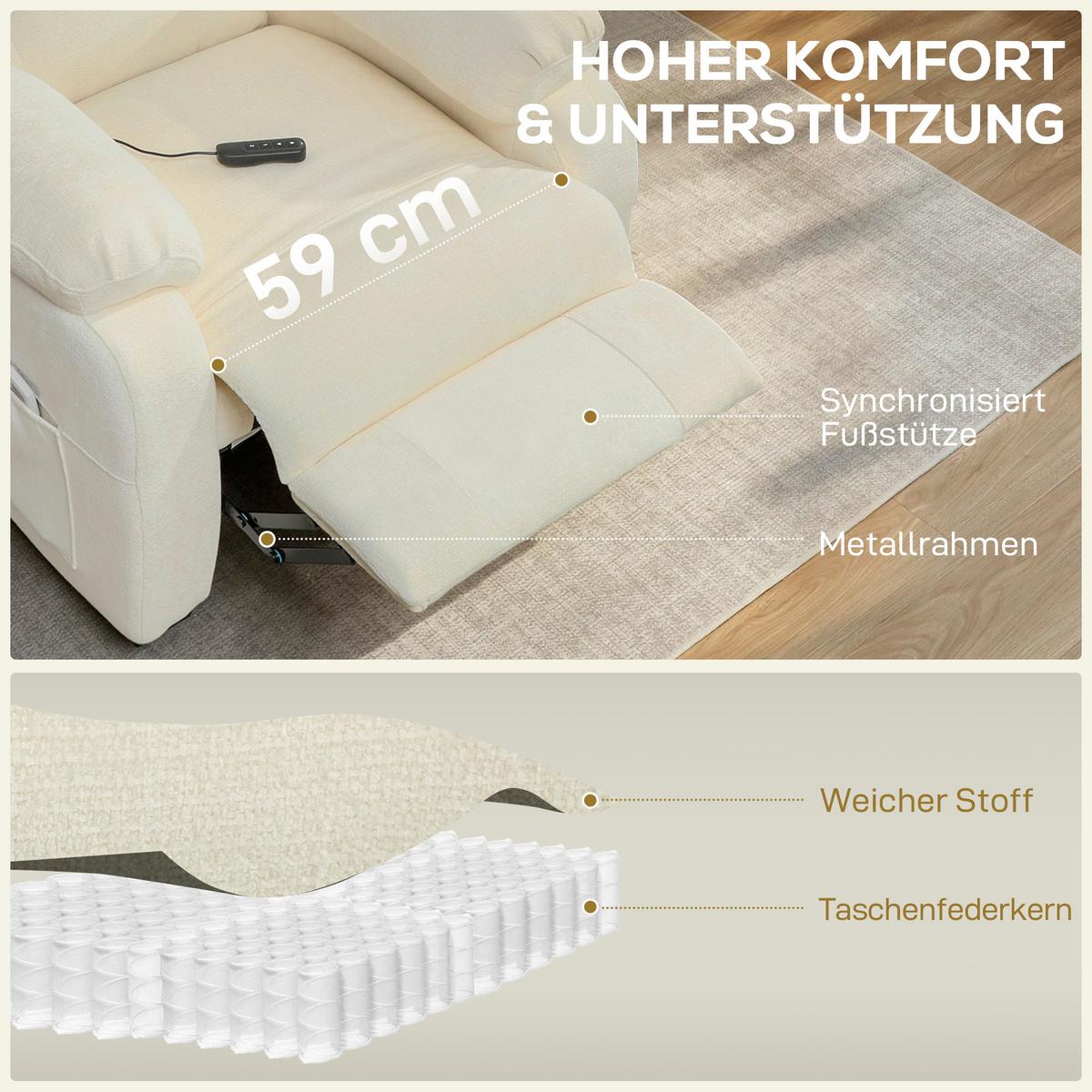 ELEKTRISCHER-RELAXSESSEL Samt 100 Prozent Polyester Metall Weiß - Schwarz/Weiß, Textil/Metall (90/105/96cm) - HOMCOM