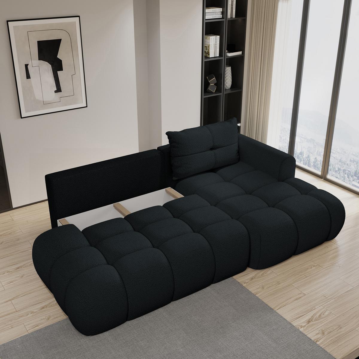 ECKSOFA FLUMA R-S Schwarz Boucle-Stoff mit Schlaffunktion - Schwarz, Holz (279/158cm) - MASSENO