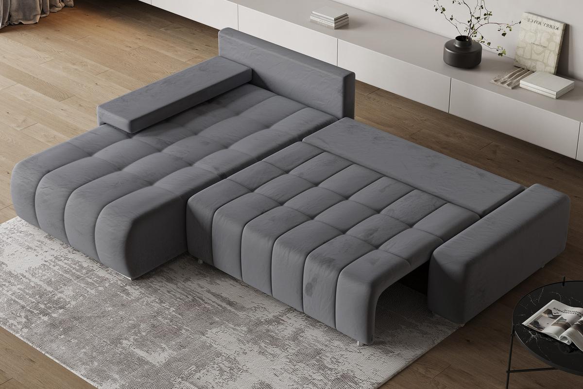 ECKSOFA ALESE L-S Grau Velours-Stoff mit Schlaffunktion - Silberfarben/Grau, Holz/Textil (265/185cm) - MASSENO