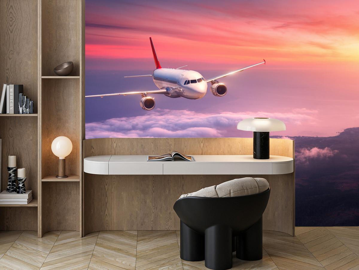 FOTOTAPETE für Wohnzimmer Flugzeug Sonnenuntergang Wolken Himmel 150x105 - Gelb/Rot, Papier (150/105cm) - Muralo