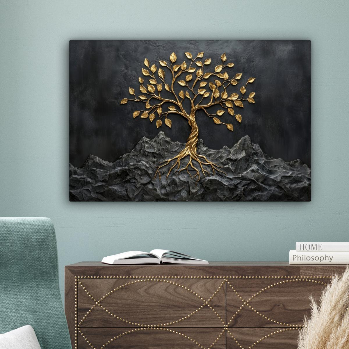 LEINWANDBILD Blätter - Gold - Baum - Fels Gemälde 60x40 cm - Schwarz, Textil (60/40cm) - MuchoWow