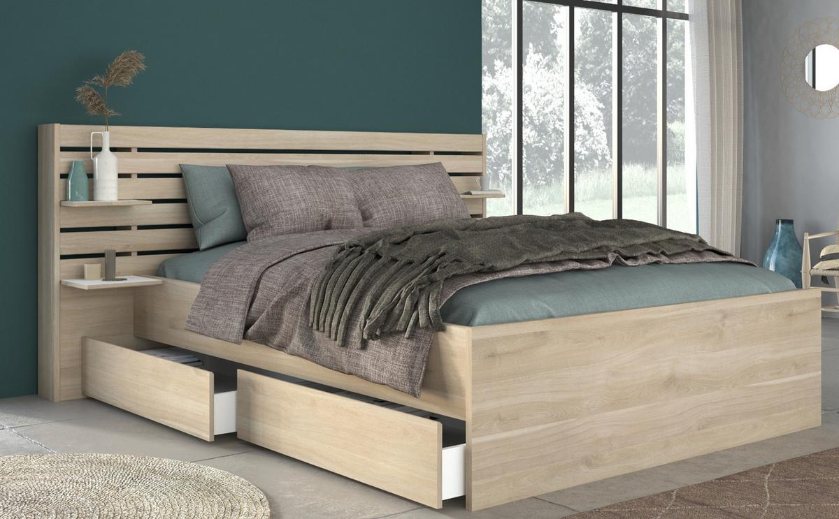 STAURAUMBETT Bett 160 x 200 cm 2x Bettschubkasten und Ablagen - Eichefarben, Holz/Holzwerkstoff (160/200cm) - Parisot Meuble