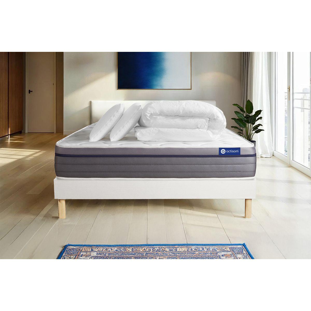 BETT Actilatex zen Latex und Memory-Schaum 160 x 200 cm h1 - Kit Bettgestell Weiß - Mit Kissen und Bettdecke - Beige/Weiß, Karton/Holz (160/200cm) - ACTISOM