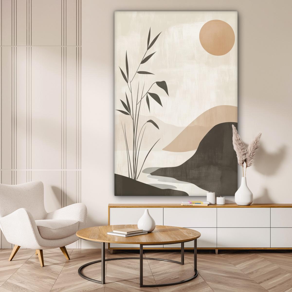 LEINWANDBILD Japandi - Landschaft - Beige Deko Groß 90x140 cm - Cognac, Textil (90/140cm) - MuchoWow