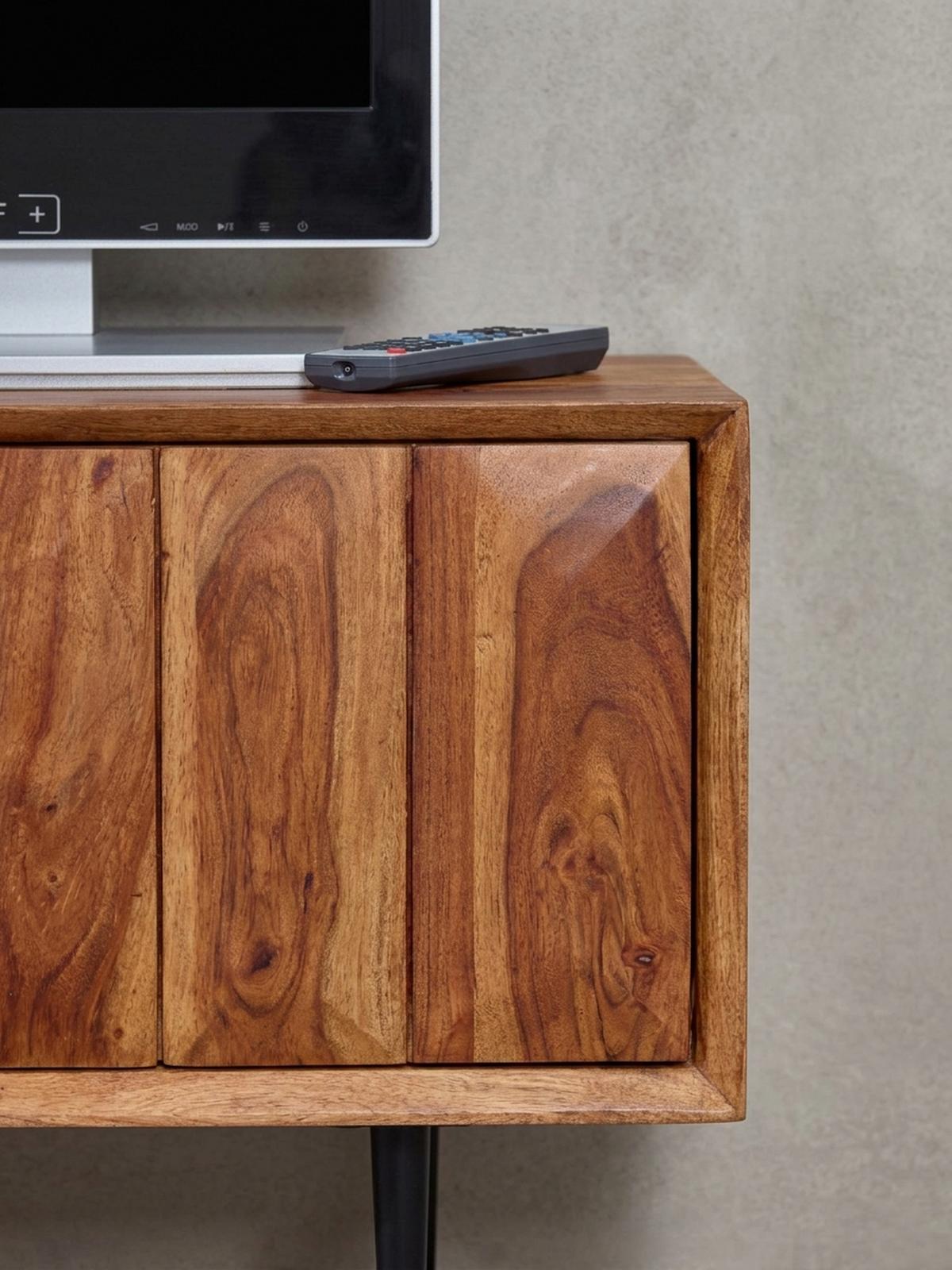 LOWBOARD Massivholz Modern Stil für 55-Zoll Fernseher Push-to-Open mit Edelstahlbeinen - Schwarz/Braun, Holz/Metall (123/42/35cm) - KADIMA DESIGN