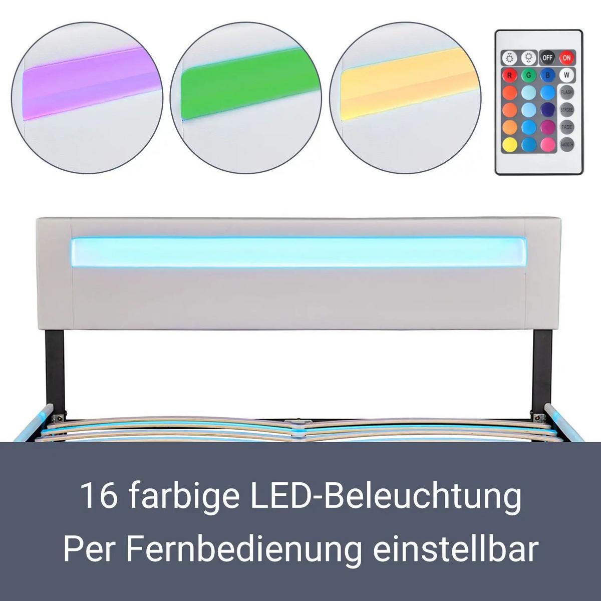 POLSTERBETT Paris weiß 180x200cm mit Matratze und LED (16 Farben) - Weiß, Textil (180/200cm) - Juskys