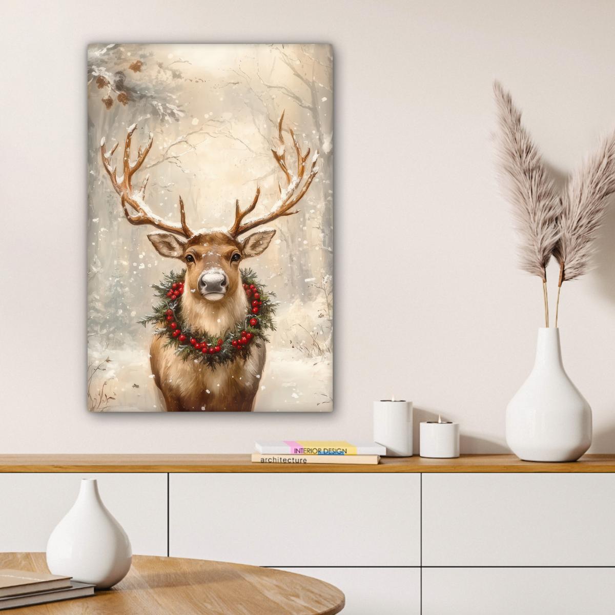LEINWANDBILD Weihnachten - Rentier - Winter - Kranz Wanddeko Schlafzimmer 60x90 cm - Naturfarben, Textil (60/90cm) - MuchoWow