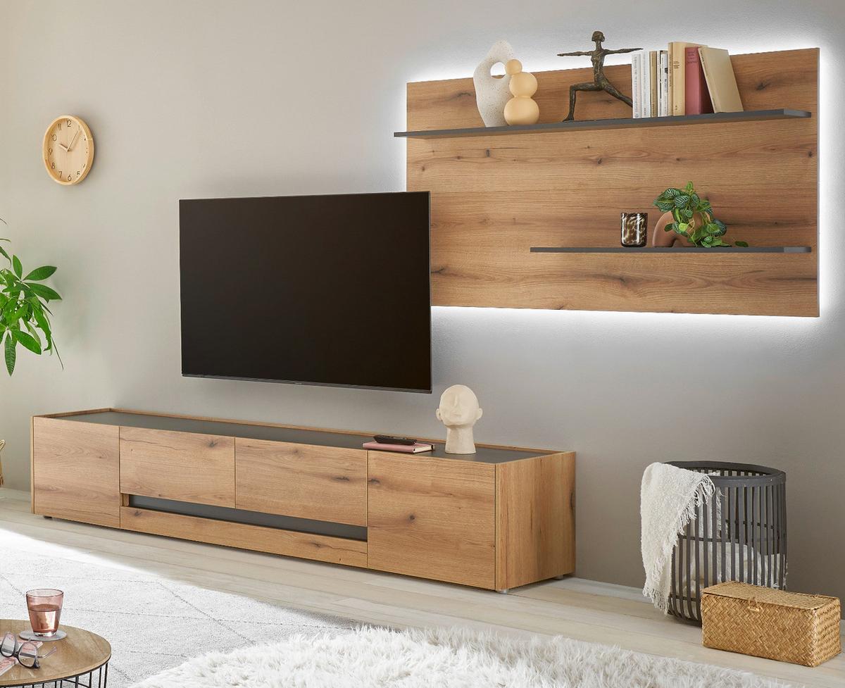 WOHNWAND Evoke Eiche, grau 2-teilig 300 cm, Wohnkombination inklusive Beleuchtung - Eichefarben/Schwarz, Holzwerkstoff/Kunststoff (300/180/45cm) - Furn.Design