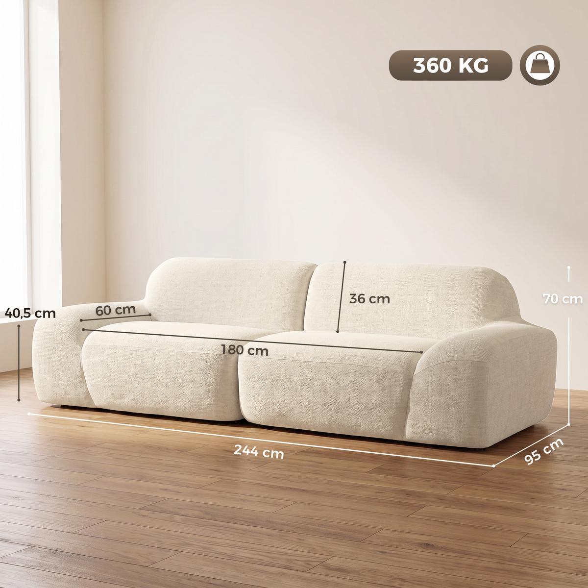 3-SITZER-SOFA Chenille 100 Polyester Schaumstoff Cremeweiß - Creme, Textil (95/70/244cm) - HOMCOM