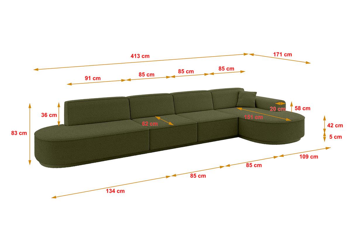 ECKSOFA Ottomane Rechts MARI-L3-v3 - 413x171x83 cm Grün Bouclé - Schwarz/Grün, Holzwerkstoff/Kunststoff (171/413cm) - ALTDECOR