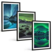 BILDER SET 3er Set - 40x60 cm Schwarzer Rahmen - Winterlandschaft der Aurora borealis - Schwarz, Kunststoff (40/60cm) - TULUP