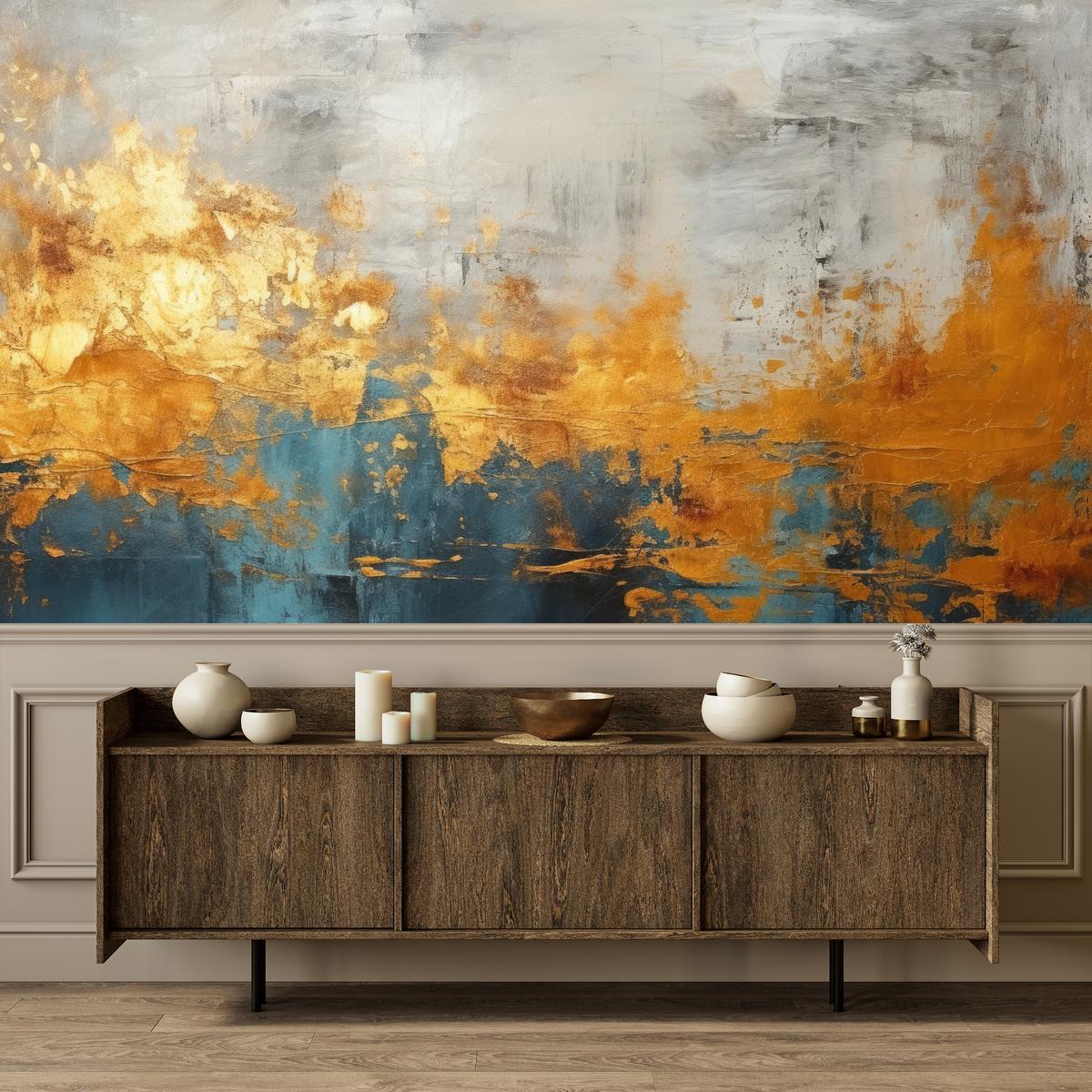 FOTOTAPETE für Badezimmer Abstrakter Beton Gold Mauer 400x280 - Türkis/Goldfarben, Papier (400/280cm) - Muralo