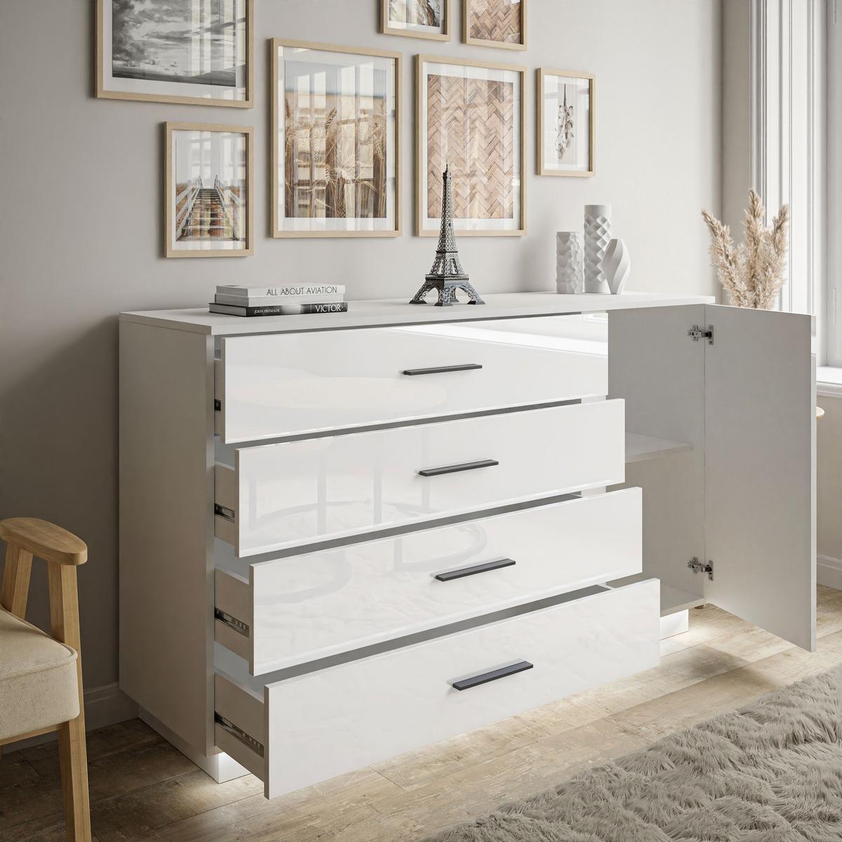 SIDEBOARD LINA II 1D4S mit LED-Beleuchtung Schwarze Griffe - Weiß, Holzwerkstoff (138/84/41cm) - Lookway