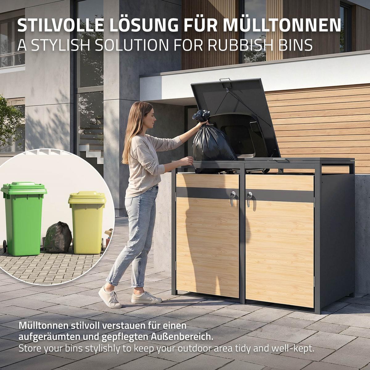 MÜLLTONNENBOX 4er Anthrazit-Holzoptik - Hellbraun, Metall (264/120/80cm) - ML-DESIGN