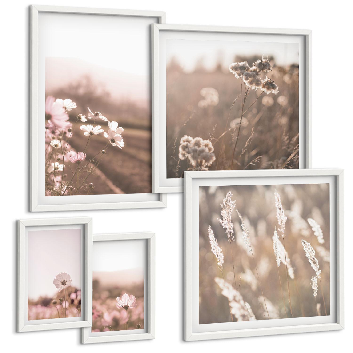 BILDER SET 5er Set - 50x50 cm & 20x30 cm & 40x60 cm Weißer Rahmen - Wildblumen auf den Wiesen im Sommer - Weiß, Kunststoff (40/60cm) - TULUP