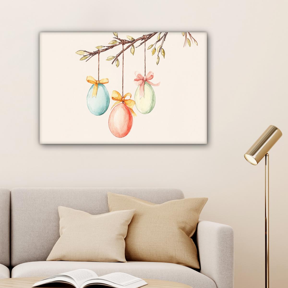 LEINWANDBILD Osterkuchen - Schleife - Eier Gemälde 60x40 cm - Creme, Textil (60/40cm) - MuchoWow