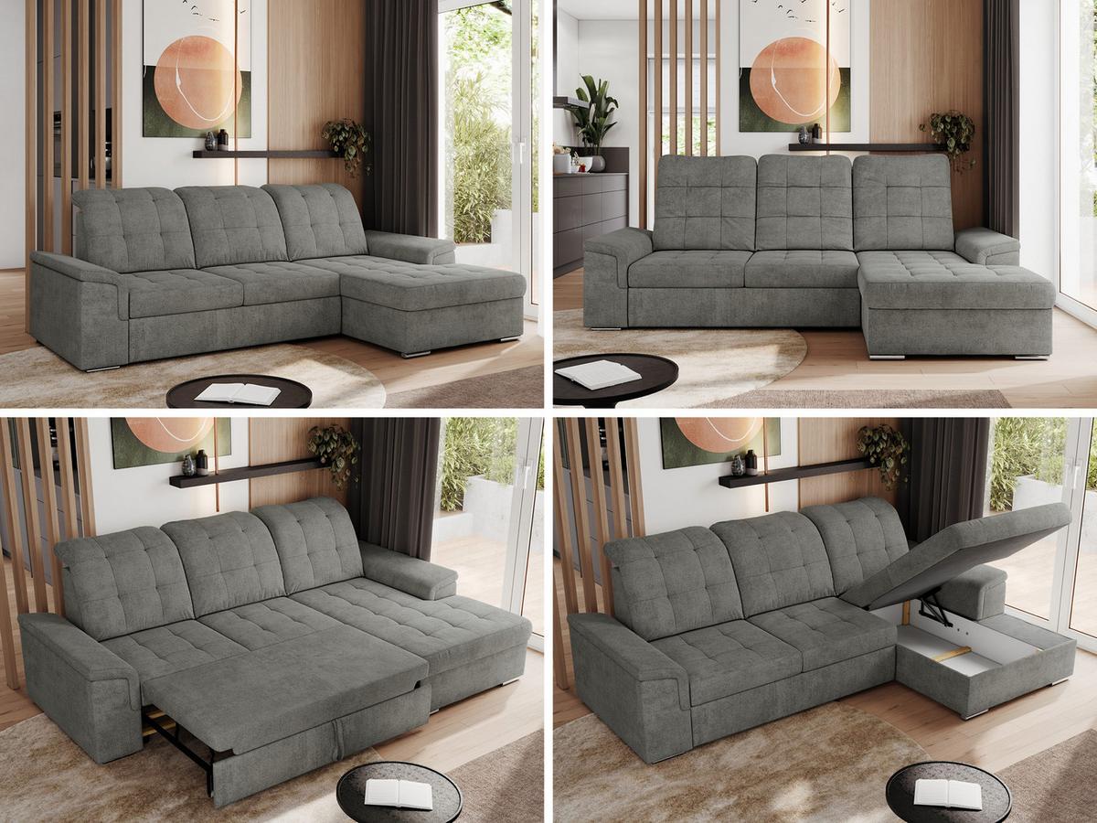 ECKSOFA MADRITO L - Grau Struktur - Rechts - Silberfarben/Grau, Textil/Metall (256/160cm)