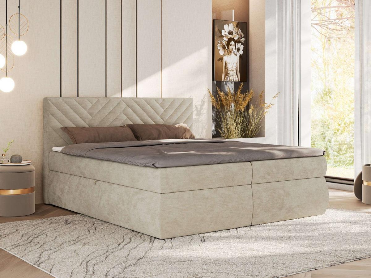 BOXBETT AVERTA 160/200 - Beige Schenille glatt - H4 - Beige, Textil (160/200cm) - MKS