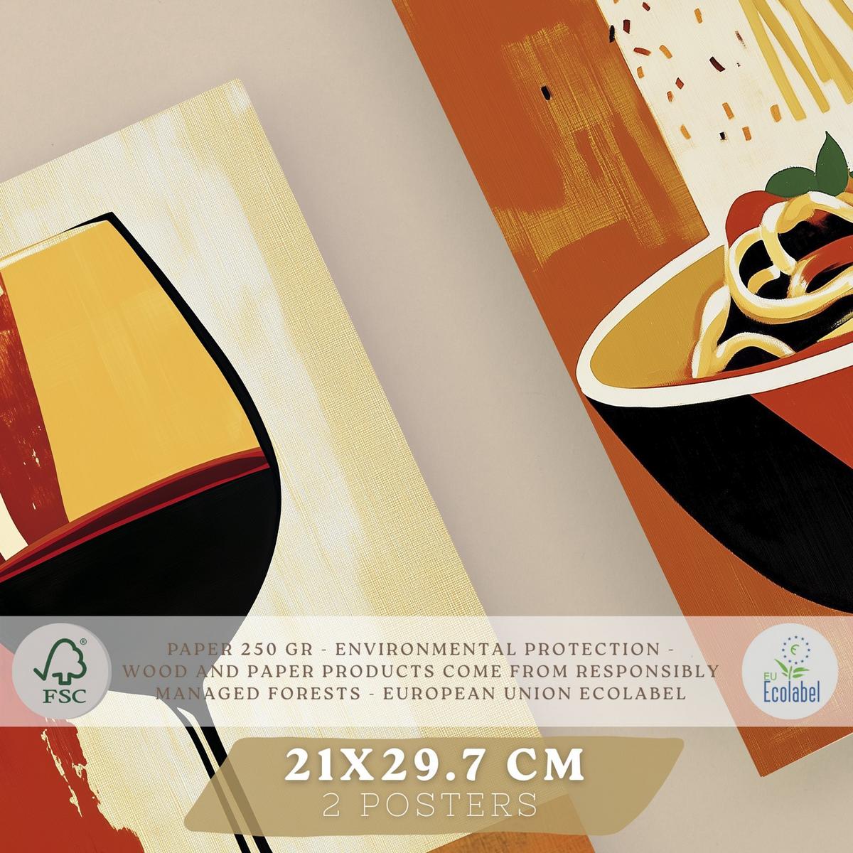 POSTER 2er Set Küchen-Wandbilder Rotwein und Pasta Vintage Retro Esszimmer Wanddeko Rahmenlos A4 - Klar, Papier (29.7/1/21cm) - Nacnic