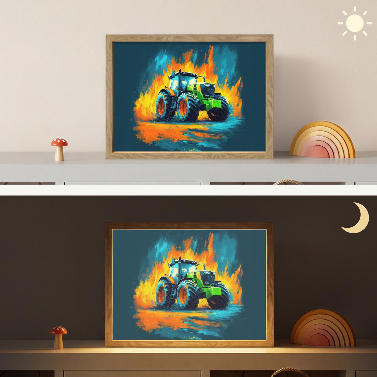 WANDLEUCHTE MIT AKKU Abstrakt - Traktor - Grün 40x30 cm - Dunkelblau, Holzwerkstoff (40/30/8cm) - OnlyWow