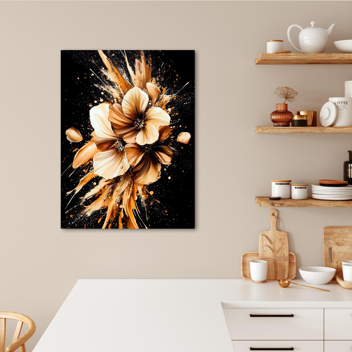 LEINWANDBILD Blumen - Gold - Graffiti - Schwarz - Abstrakt Wandbild Wohnzimmer 60x80 cm - Cappuccino, Textil (60/80cm) - MuchoWow