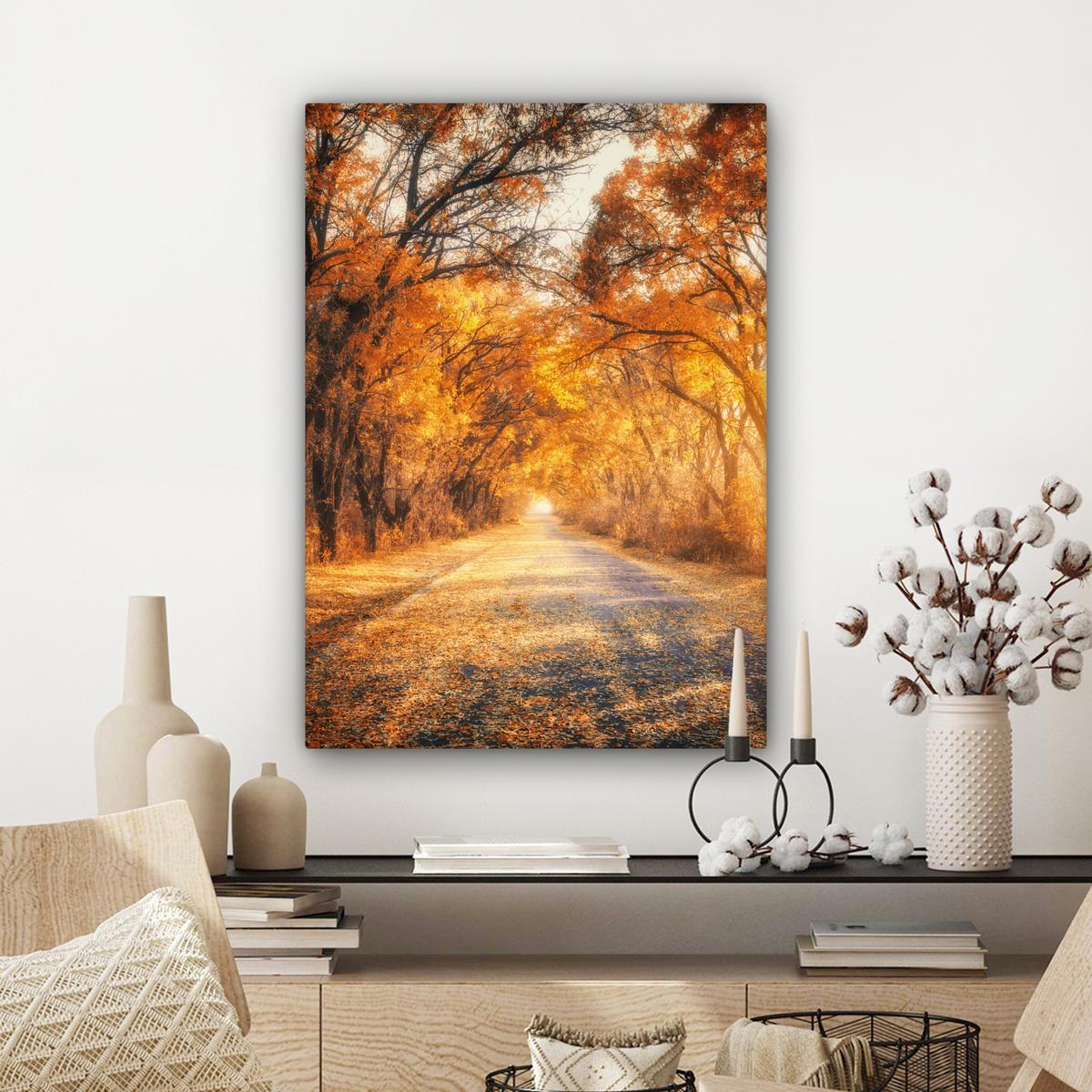 LEINWANDBILD Wald - Herbst - Bäume - Waldweg - Natur Wandbild Wohnzimmer 60x80 cm - Bernsteinfarben, Textil (60/80cm) - MuchoWow